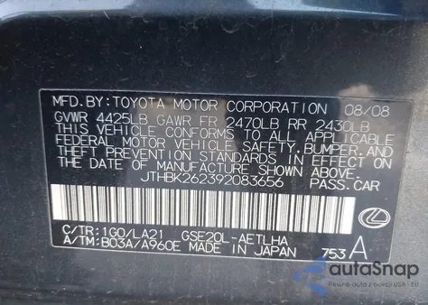 2009 Lexus Is 250 z USA, uszkodzony, nr VIN JTHBK262392083656